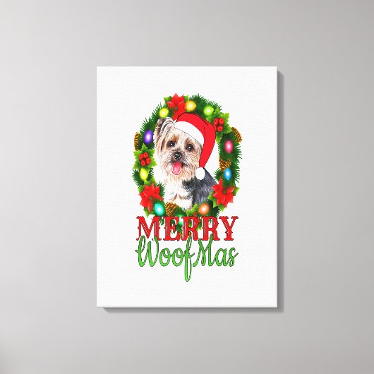 YORKIE CHRISTMAS MERRY WOOFMAS Hondenliefhebber Yo Canvas Afdruk (Voorkant)