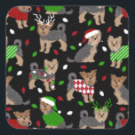 Yorkie Christmas Yorkshire Terrier Dog Vierkante Sticker<br><div class="desc">Cute Yorkshire Terrier dogs with short,  trimmed coats,  dressed in estiday outfits,  Santa hats and argyle sweaters with scattered Christmas ornaments pattern.</div>