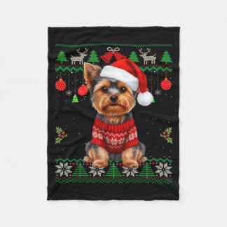 Yorkie Dog Christmas Wearing Ugly Christmas Sweate Fleece Deken