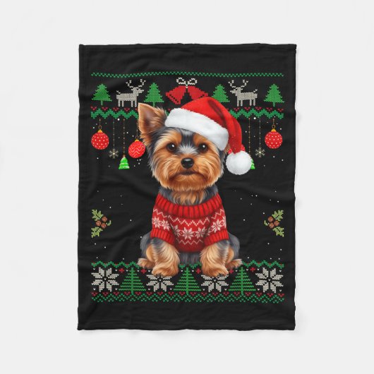 Yorkie Dog Christmas Wearing Ugly Christmas Sweate Fleece Deken (Voorkant)