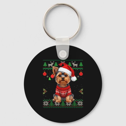 Yorkie Dog Christmas Wearing Ugly Christmas Sweate Sleutelhanger (Voorkant)