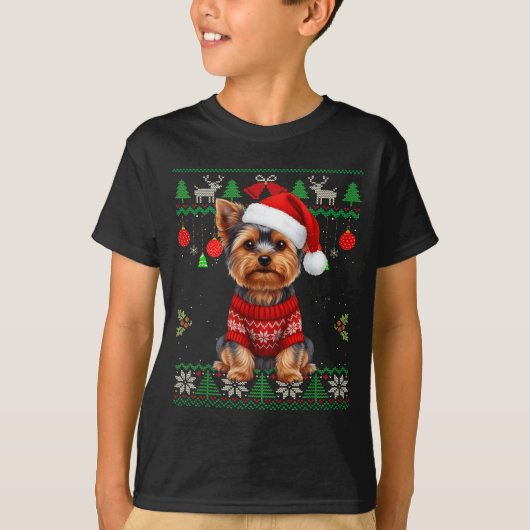 Yorkie Dog Christmas Wearing Ugly Christmas Sweate T-shirt (Voorkant)