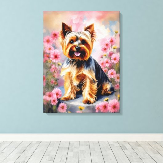 Yorkie Dog Flower Canvas Afdruk (Insitu (Houten vloer))