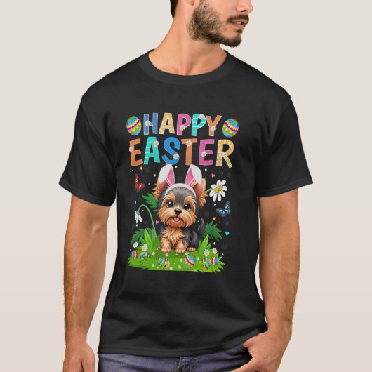 Yorkie Dog Happy Easter Egg Hunt Bunny Ear Easter T-shirt (Voorkant)
