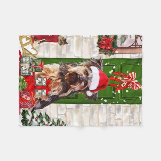 Yorkie Dog Kerstmis Fleece Deken (Voorkant (Horizontaal))
