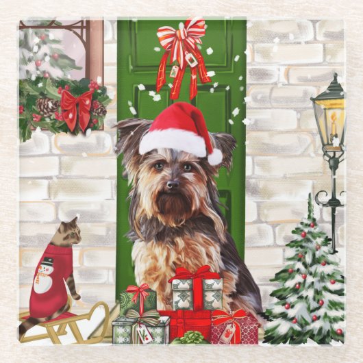 Yorkie Dog Kerstmis Glazen Onderzetter (Voorkant)
