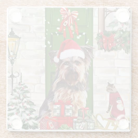 Yorkie Dog Kerstmis Glazen Onderzetter (Achterkant)