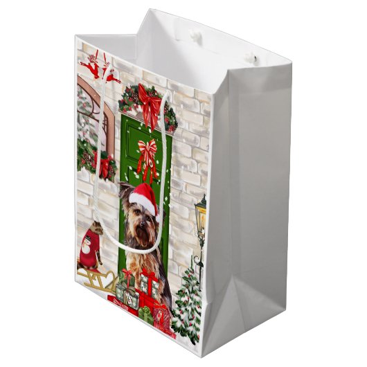 Yorkie Dog Kerstmis Medium Cadeauzakje (Voorkant Gekanteld)