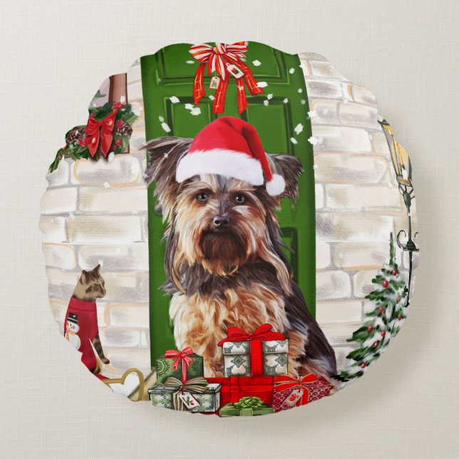 Yorkie Dog Kerstmis Rond Kussen (Voorkant)