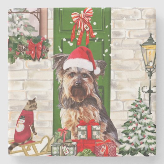 Yorkie Dog Kerstmis Stenen Onderzetter (Voorkant)