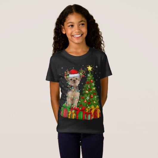 Yorkie Dog Lighting Xmas - kerstboom - kerstman T-shirt (Voorkant volledig)