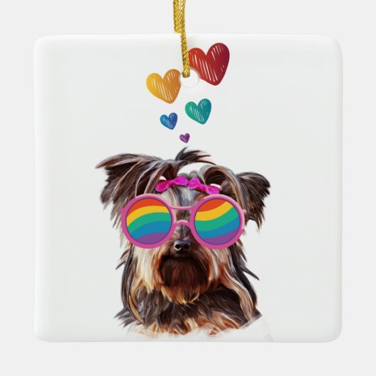 Yorkie Dog met hartenValentijnsdag Keramisch Ornament (Voorkant)