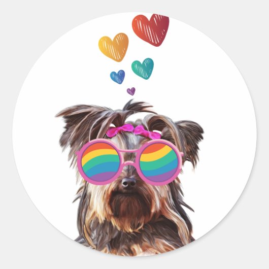 Yorkie Dog met hartenValentijnsdag Ronde Sticker (Voorkant)