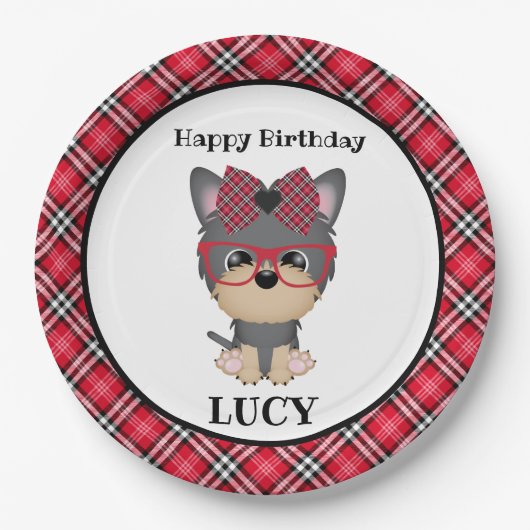 Yorkie Dog Red Pset Birthday Party Bord (Voorkant)