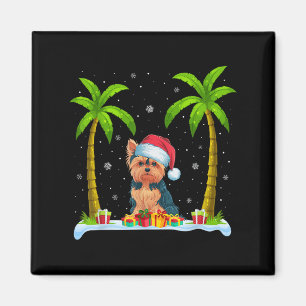 Yorkie Dog Santa Hat Palm Tree Beach Xmas Pyjama F Magneet