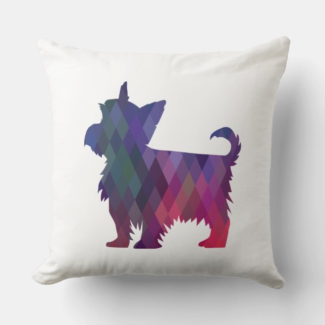 Yorkie Geometric Pattern Silhouette Paars Kussen (Voorkant)