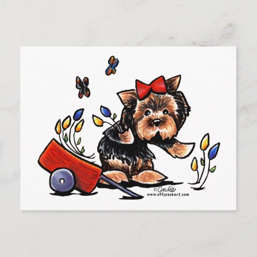 Yorkie in de tuin briefkaart (Voorkant)