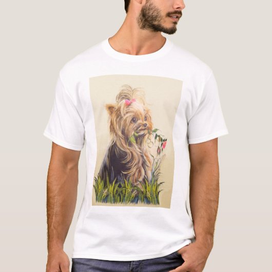 "Yorkie in de tuin" T-shirt (Voorkant)