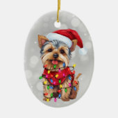 Yorkie in Kerst Lichten Keramisch Ornament (Voorkant)