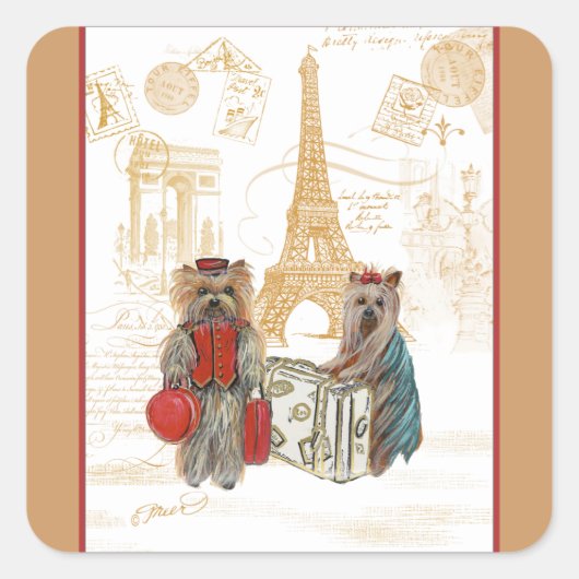 Yorkie in Parijs & Eiffeltoren Vierkante Sticker (Voorkant)
