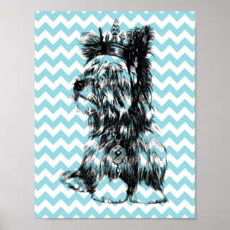 Yorkie Jewels Crown Puppy Dog Blue Chevron Poster