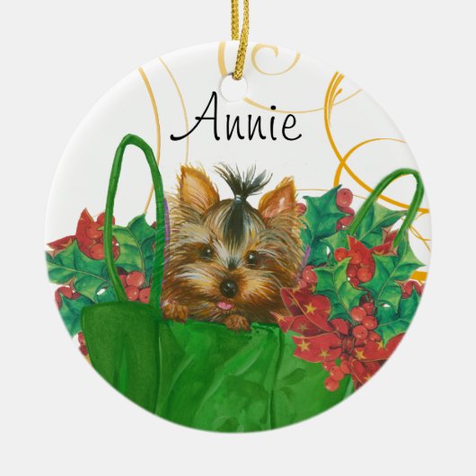 Yorkie kerstboomversiering met Holly Keramisch Ornament (Voorkant)