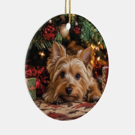 Yorkie Kerstmis Keramisch Ornament (Rechts)