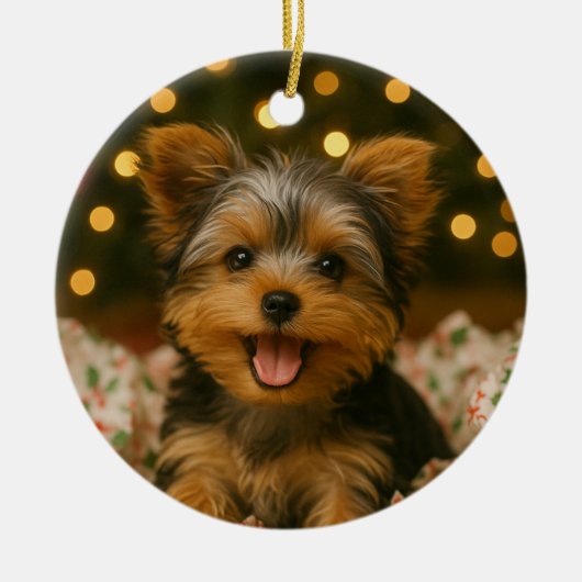 Yorkie Kerstmis Keramisch Ornament (Voorkant)
