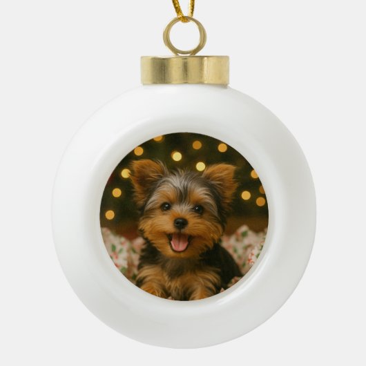 Yorkie Kerstmis Keramische Bal Ornament (Voorkant)