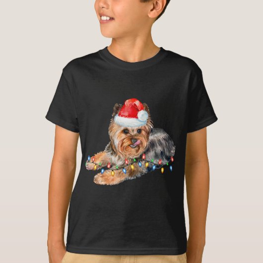 Yorkie Kerstmis Light Puppy Dog Xmas Funny T-shirt (Voorkant)