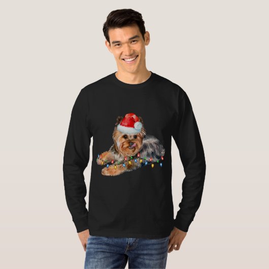 Yorkie Kerstmis Light Puppy Dog Xmas Funny T-shirt (Voorkant volledig)