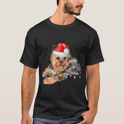Yorkie Kerstmis Light Puppy Dog Xmas Funny T-shirt (Voorkant)