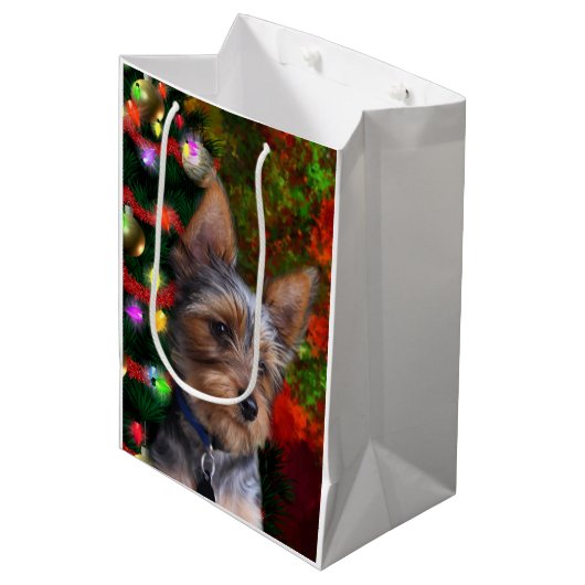 Yorkie Kerstmis Medium Cadeauzakje (Voorkant Gekanteld)