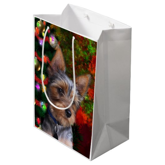 Yorkie Kerstmis Medium Cadeauzakje (Achterkant Gekanteld)