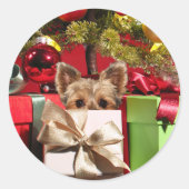 Yorkie Kerstmis Ronde Sticker (Voorkant)