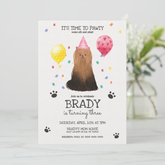 Yorkie Lets Pawty Dog Puppy Birthday Roze Kaart (Staand voorkant)
