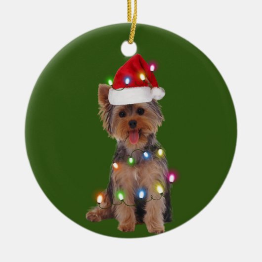 Yorkie met kerstcadeaus voor kerstcadeaus keramisch ornament (Voorkant)