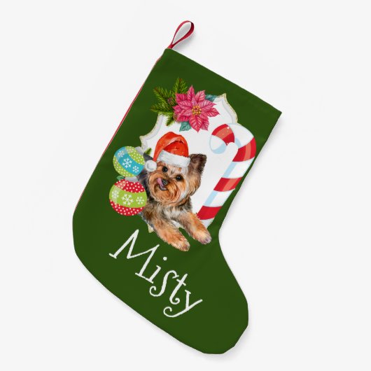 Yorkie met pet snoeprietdecoraties kleine kerstsok (Voorkant (Hangend))