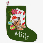 Yorkie met pet snoeprietdecoraties kleine kerstsok (Voorkant)