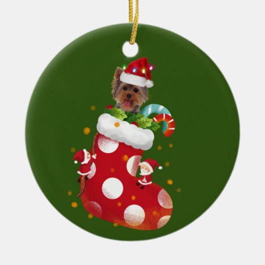 Yorkie met Pet Sock-kerst Keramisch Ornament (Voorkant)