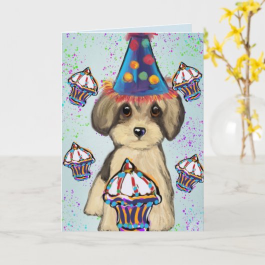 Yorkie Poo Kaart (Gele Bloem)