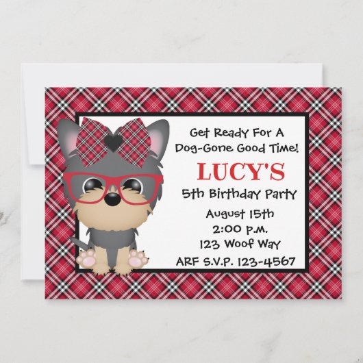 Yorkie Puppy Dog Red Birthday Party Kaart (Voorkant)