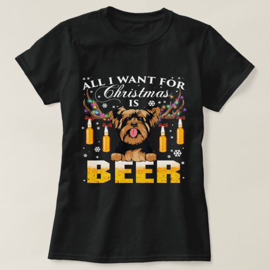 Yorkie Reindeer Beer Christmas Ornaments Xmas Ligh T-shirt (Design voorkant)