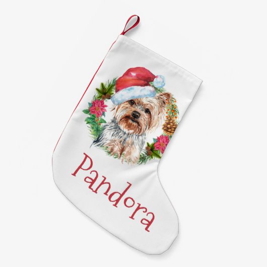 Yorkie Santa waterverf met pet DIY-naam Kleine Kerstsok (Voorkant (Hangend))