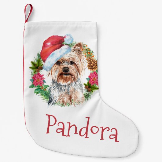 Yorkie Santa waterverf met pet DIY-naam Kleine Kerstsok (Voorkant)