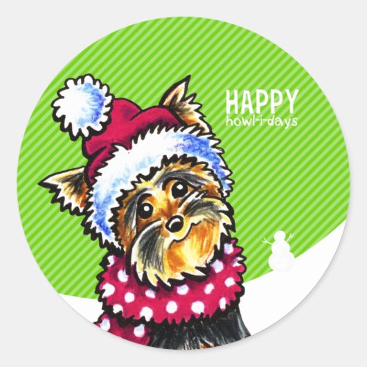 Yorkie Scarf Happy Howl-i-days Ronde Sticker (Voorkant)