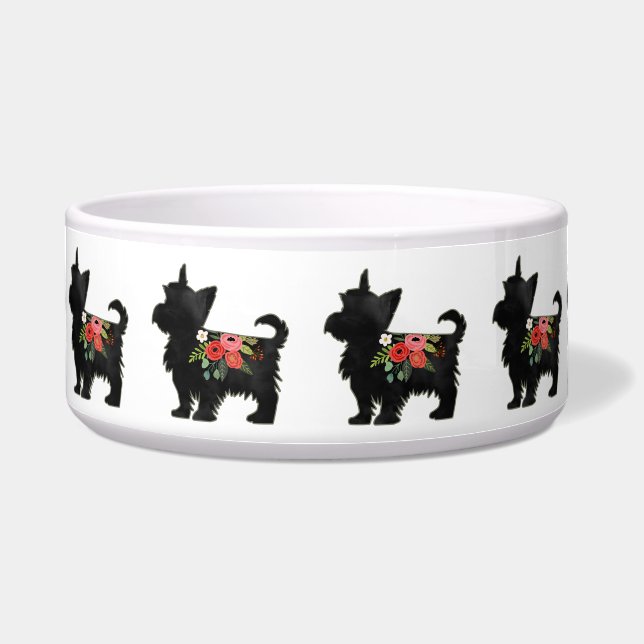 Yorkie Terrier Hondenras Boho Bloemrijke Silhouet Voerbakje (Voorkant)