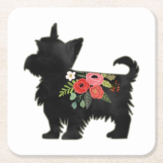 Yorkie Terrier Hondenras Boho Floral Silhouette Kartonnen Onderzetters (Voorkant)