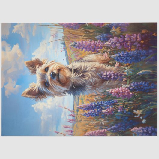 Yorkie Terrier Paarse lupine bloemen ontkoppeling Tissuepapier (Voorkant)