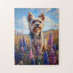 Yorkie Terrier Paarse Lupine Flowers Legpuzzel